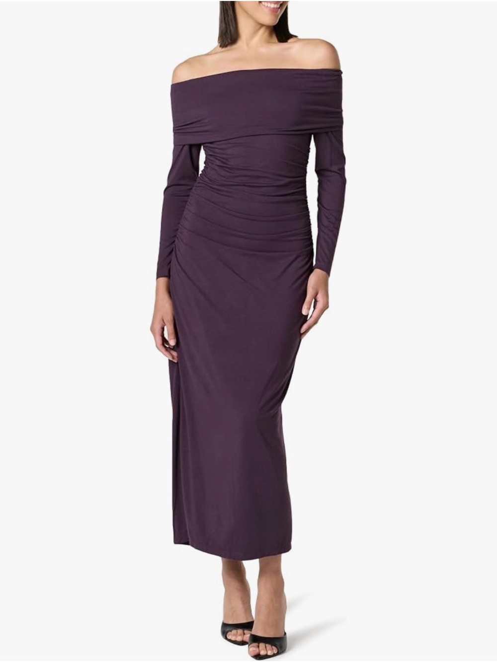 Off-Shoulder Long Sleeve Ruched Midi Dress in Plum